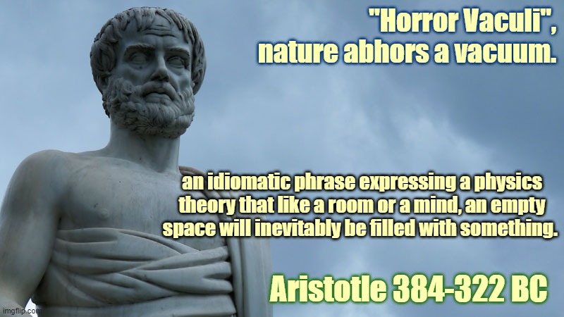 Aristotle | "Horror Vaculi", nature abhors a vacuum. an idiomatic phrase expressing a physics theory that like a room or a mind, an empty space will inevitably be filled with something. Aristotle 384-322 BC | image tagged in aristotle | made w/ Imgflip meme maker