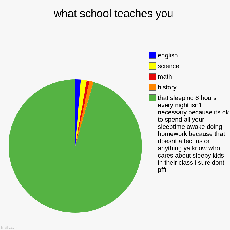what school teaches you | what school teaches you | that sleeping 8 hours every night isn't necessary because its ok to spend all your sleeptime awake doing homework  | image tagged in charts,pie charts,school,homework,boring,sleep | made w/ Imgflip chart maker
