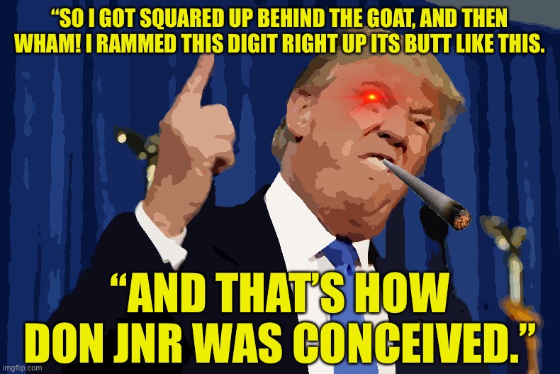 Origin of Don jnr | “SO I GOT SQUARED UP BEHIND THE GOAT, AND THEN WHAM! I RAMMED THIS DIGIT RIGHT UP ITS BUTT LIKE THIS. “AND THAT’S HOW DON JNR WAS CONCEIVED.” | image tagged in trump finger,trump,donald trump jr | made w/ Imgflip meme maker