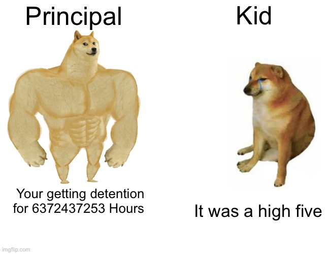 Buff Doge vs. Cheems Meme | Kid; Principal; Your getting detention for 6372437253 Hours; It was a high five | image tagged in memes,buff doge vs cheems | made w/ Imgflip meme maker