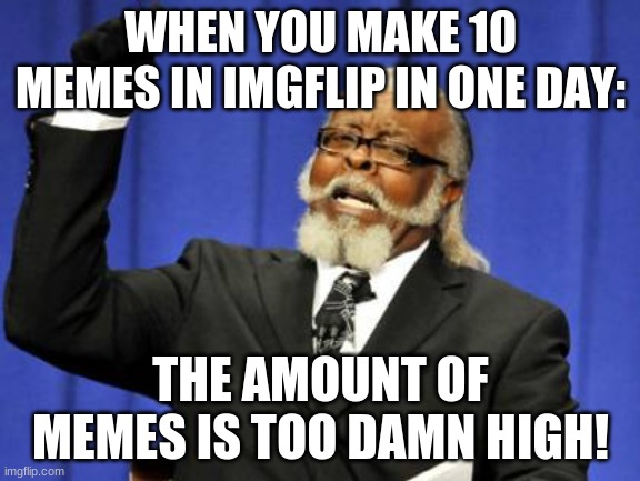 Too Damn High Meme | WHEN YOU MAKE 10 MEMES IN IMGFLIP IN ONE DAY:; THE AMOUNT OF MEMES IS TOO DAMN HIGH! | image tagged in memes,too damn high,imgflip | made w/ Imgflip meme maker