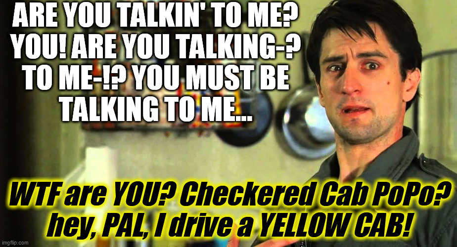 taxi driver | ARE YOU TALKIN' TO ME?
YOU! ARE YOU TALKING-?
TO ME-!? YOU MUST BE
TALKING TO ME... WTF are YOU? Checkered Cab PoPo?
hey, PAL, I drive a YEL | image tagged in taxi driver | made w/ Imgflip meme maker