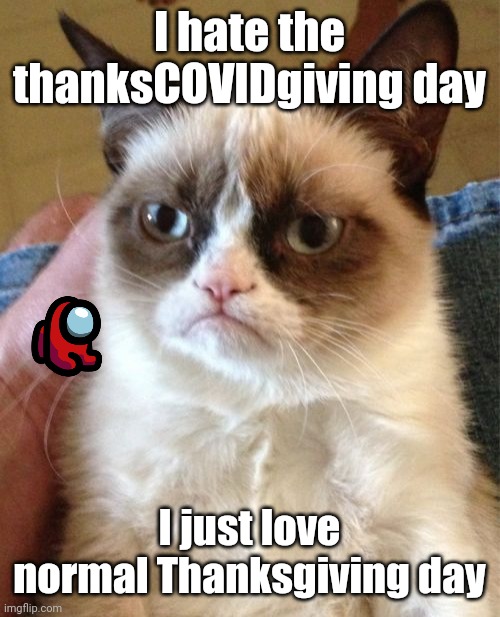 Grumpy Cat Meme | I hate the thanksCOVIDgiving day; I just love normal Thanksgiving day | image tagged in memes,grumpy cat,thanksgiving,coronavirus | made w/ Imgflip meme maker