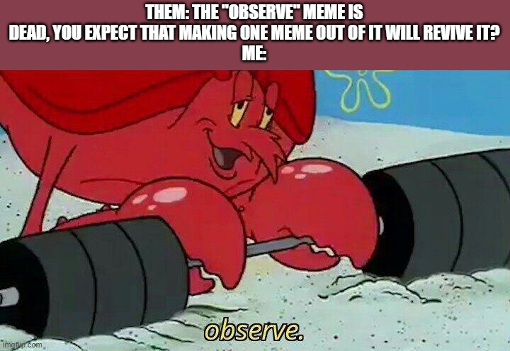Er... is it dead? | THEM: THE "OBSERVE" MEME IS DEAD, YOU EXPECT THAT MAKING ONE MEME OUT OF IT WILL REVIVE IT?
ME: | image tagged in observe,friends,dead memes,oof | made w/ Imgflip meme maker