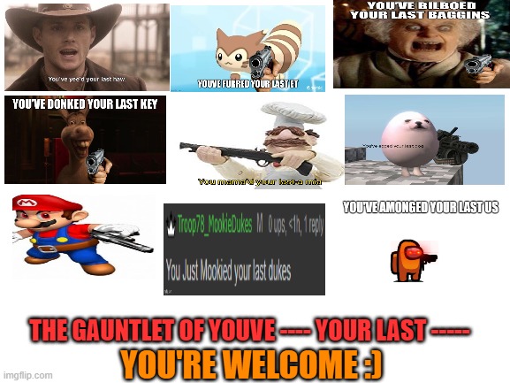 Blank White Template | THE GAUNTLET OF YOUVE ---- YOUR LAST -----; YOU'RE WELCOME :) | image tagged in blank white template | made w/ Imgflip meme maker