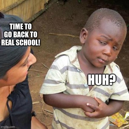 Third World Skeptical Kid | TIME TO GO BACK TO REAL SCHOOL! HUH? | image tagged in memes,third world skeptical kid | made w/ Imgflip meme maker