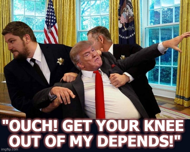 "OUCH! GET YOUR KNEE 
OUT OF MY DEPENDS!" | image tagged in trump,gone | made w/ Imgflip meme maker