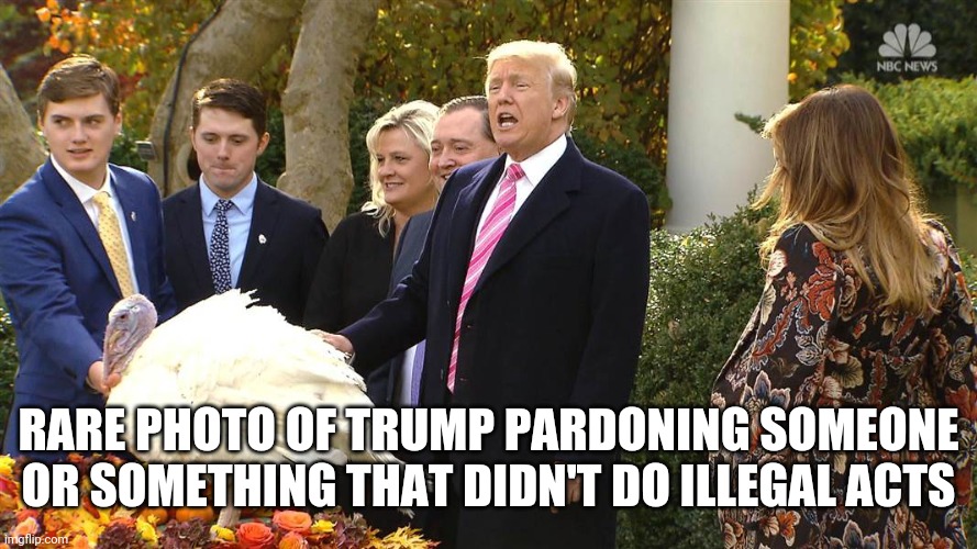 Trump pardons turkey | RARE PHOTO OF TRUMP PARDONING SOMEONE OR SOMETHING THAT DIDN'T DO ILLEGAL ACTS | image tagged in trump pardons turkey | made w/ Imgflip meme maker