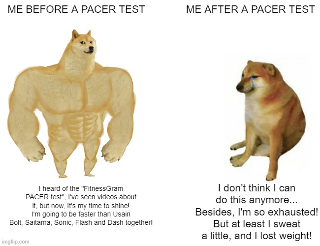 Me before a PACER test VS. Me after a PACER test | ME BEFORE A PACER TEST; ME AFTER A PACER TEST; I heard of the "FitnessGram PACER test", I've seen videos about it, but now, It's my time to shine! I'm going to be faster than Usain Bolt, Saitama, Sonic, Flash and Dash together! I don't think I can do this anymore... Besides, I'm so exhausted!
But at least I sweat a little, and I lost weight! | image tagged in buff doge vs cheems,pacer test,excercise | made w/ Imgflip meme maker