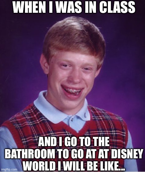 When they say I can go to the bathroom I went to Disney world | WHEN I WAS IN CLASS; AND I GO TO THE BATHROOM TO GO AT AT DISNEY WORLD I WILL BE LIKE... | image tagged in memes,bad luck brian | made w/ Imgflip meme maker