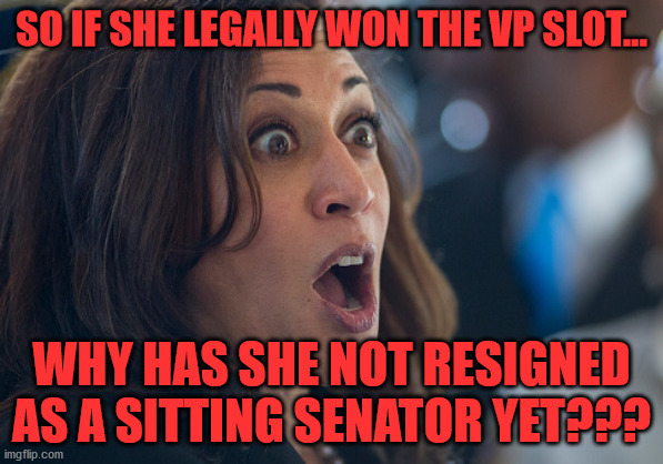 Kamala Harris | SO IF SHE LEGALLY WON THE VP SLOT... WHY HAS SHE NOT RESIGNED AS A SITTING SENATOR YET??? | image tagged in kamala harris | made w/ Imgflip meme maker