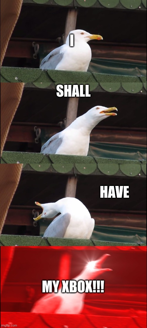 Inhaling Seagull Meme | I; SHALL; HAVE; MY XBOX!!! | image tagged in memes,inhaling seagull | made w/ Imgflip meme maker