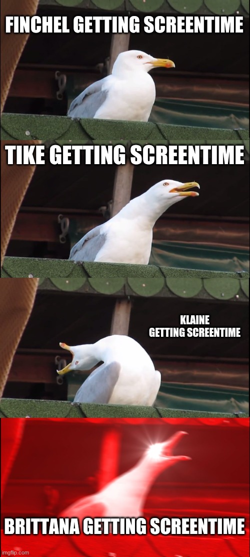 Inhaling Seagull |  FINCHEL GETTING SCREENTIME; TIKE GETTING SCREENTIME; KLAINE GETTING SCREENTIME; BRITTANA GETTING SCREENTIME | image tagged in memes,inhaling seagull,glee,love,screen | made w/ Imgflip meme maker