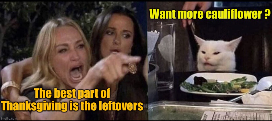 Karen Carpenter and Smudge Cat | Want more cauliflower ? The best part of Thanksgiving is the leftovers | image tagged in karen carpenter and smudge cat | made w/ Imgflip meme maker