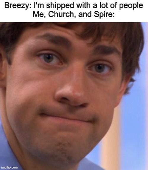 Funny how us three are also shipped with each other | Breezy: I'm shipped with a lot of people
Me, Church, and Spire: | image tagged in welp jim face | made w/ Imgflip meme maker