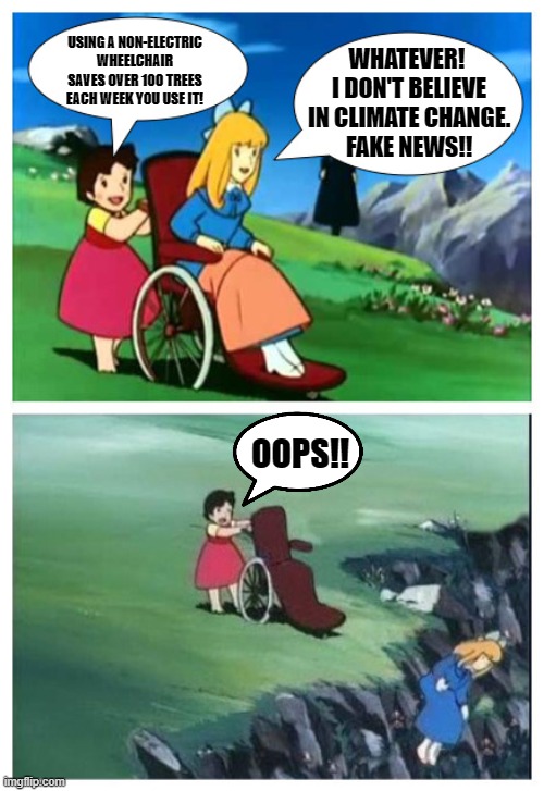 Take care of the planet. | WHATEVER!  I DON'T BELIEVE IN CLIMATE CHANGE.
FAKE NEWS!! USING A NON-ELECTRIC WHEELCHAIR SAVES OVER 100 TREES EACH WEEK YOU USE IT! OOPS!! | image tagged in climate change,the struggle is real | made w/ Imgflip meme maker