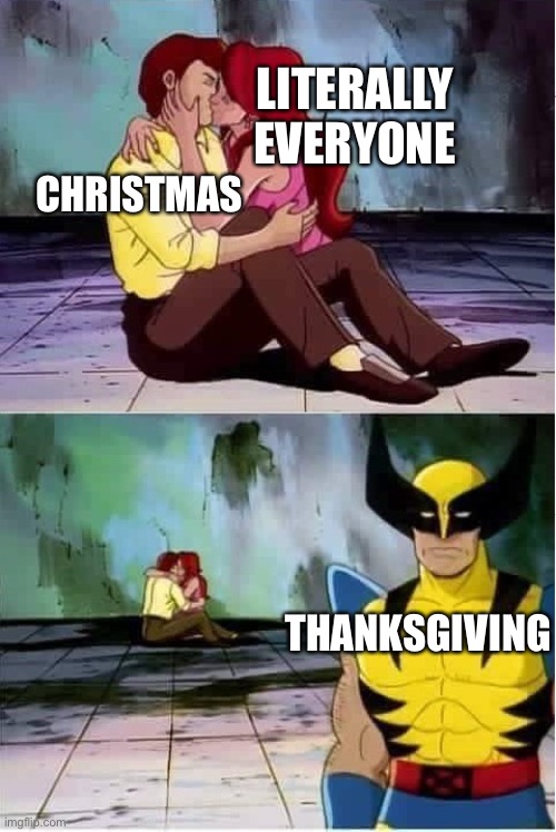 Sad wolverine left out of party |  LITERALLY EVERYONE; CHRISTMAS; THANKSGIVING | image tagged in sad wolverine left out of party,christmas,thanksgiving,holidays,happy holidays | made w/ Imgflip meme maker