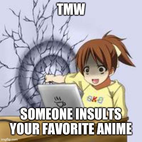 Anime wall punch | TMW; SOMEONE INSULTS YOUR FAVORITE ANIME | image tagged in anime wall punch | made w/ Imgflip meme maker