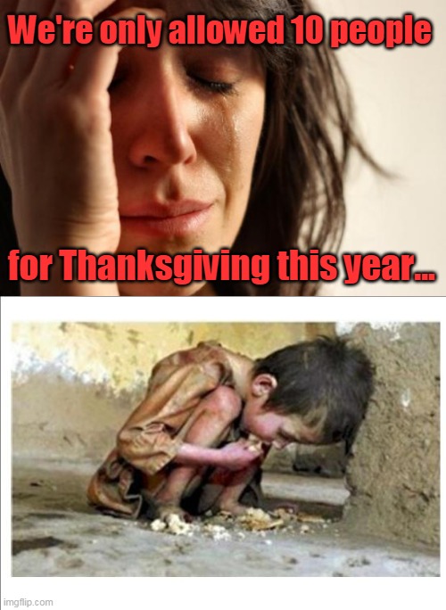 Remember to keep things in perspective this Thanksgiving. | We're only allowed 10 people; for Thanksgiving this year... | image tagged in memes,first world problems,starving child,politics,thanksgiving,gratefulness | made w/ Imgflip meme maker