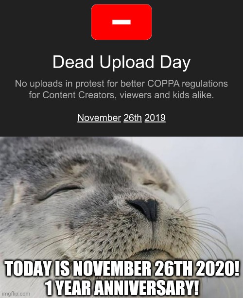 It's been 1 year... | TODAY IS NOVEMBER 26TH 2020!
1 YEAR ANNIVERSARY! | image tagged in memes,satisfied seal,1 year | made w/ Imgflip meme maker