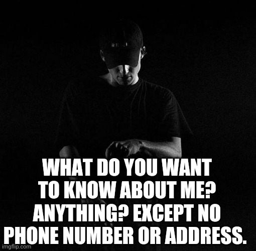 NF ayyy | WHAT DO YOU WANT TO KNOW ABOUT ME? ANYTHING? EXCEPT NO PHONE NUMBER OR ADDRESS. | image tagged in nf ayyy | made w/ Imgflip meme maker