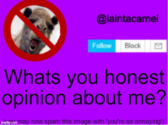 reeee ;-; | Whats you honest opinion about me? (you may now spam this image with 'you're so annoying') | image tagged in iaintacamel | made w/ Imgflip meme maker