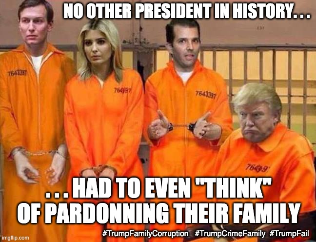 "Law & Order" . . . just not for me, my friends, or my family . . . | NO OTHER PRESIDENT IN HISTORY. . . . . . HAD TO EVEN "THINK" OF PARDONNING THEIR FAMILY; #TrumpFamilyCorruption   #TrumpCrimeFamily  #TrumpFail | image tagged in trump prison family,robert mueller,criminals,corruption,trump,law and order | made w/ Imgflip meme maker