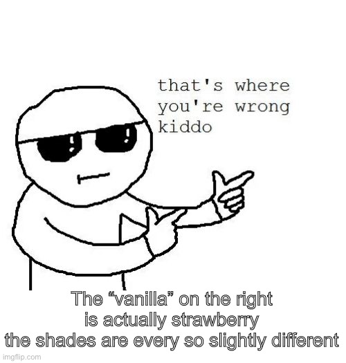 That's where you're wrong kiddo | The “vanilla” on the right is actually strawberry
the shades are every so slightly different | image tagged in that's where you're wrong kiddo | made w/ Imgflip meme maker