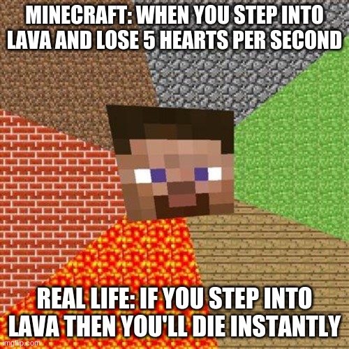 Minecraft Logic #5 | MINECRAFT: WHEN YOU STEP INTO LAVA AND LOSE 5 HEARTS PER SECOND; REAL LIFE: IF YOU STEP INTO LAVA THEN YOU'LL DIE INSTANTLY | image tagged in minecraft steve,memes | made w/ Imgflip meme maker