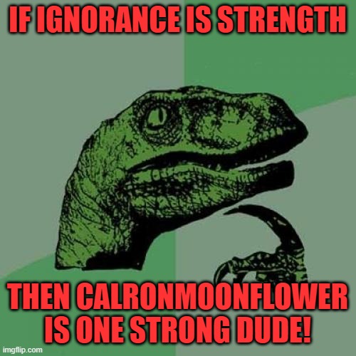 Philosoraptor Meme | IF IGNORANCE IS STRENGTH THEN CALRONMOONFLOWER IS ONE STRONG DUDE! | image tagged in memes,philosoraptor | made w/ Imgflip meme maker