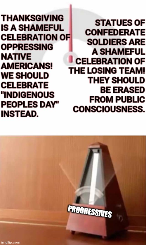 gobble gobble | THANKSGIVING
IS A SHAMEFUL
CELEBRATION OF
OPPRESSING
NATIVE
AMERICANS!
WE SHOULD
CELEBRATE
"INDIGENOUS
PEOPLES DAY"
INSTEAD. STATUES OF
CONFEDERATE
SOLDIERS ARE
A SHAMEFUL
CELEBRATION OF
THE LOSING TEAM!
THEY SHOULD
BE ERASED
FROM PUBLIC
CONSCIOUSNESS. PROGRESSIVES | image tagged in metronome,liberal hypocrisy,conservative hypocrisy,progressives | made w/ Imgflip meme maker