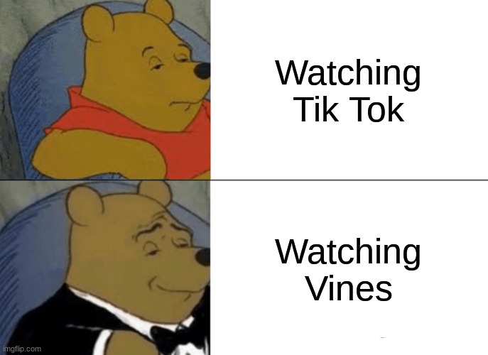 Tuxedo Winnie The Pooh Meme | Watching Tik Tok; Watching Vines | image tagged in memes,tuxedo winnie the pooh | made w/ Imgflip meme maker