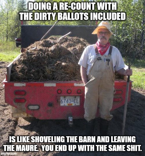 manure | DOING A RE-COUNT WITH THE DIRTY BALLOTS INCLUDED; IS LIKE SHOVELING THE BARN AND LEAVING THE MAURE.  YOU END UP WITH THE SAME SHIT. | image tagged in democrats | made w/ Imgflip meme maker