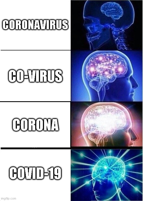 How To Say Coronavirus | CORONAVIRUS; CO-VIRUS; CORONA; COVID-19 | image tagged in memes,expanding brain | made w/ Imgflip meme maker
