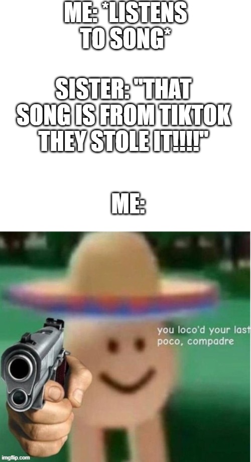 you loco'd your last poco, compadre | ME: *LISTENS TO SONG*; SISTER: "THAT SONG IS FROM TIKTOK THEY STOLE IT!!!!"; ME: | image tagged in you loco'd your last poco compadre,memes | made w/ Imgflip meme maker