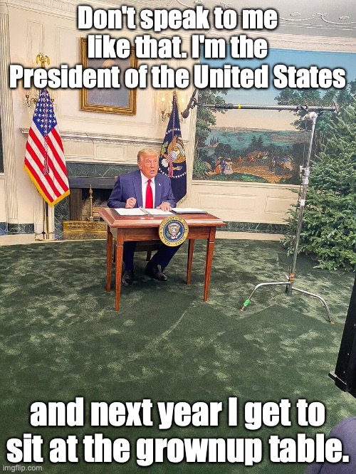 Don't speak to me like that. I'm the President of the United States; and next year I get to sit at the grownup table. | made w/ Imgflip meme maker