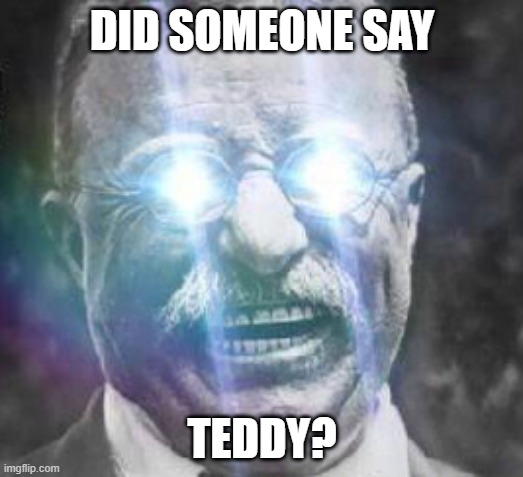 Teddy Roosevelt glowing eyes | DID SOMEONE SAY TEDDY? | image tagged in teddy roosevelt glowing eyes | made w/ Imgflip meme maker