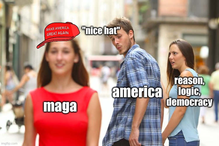 maga | "nice hat"; america; reason, logic, democracy; maga | image tagged in memes,distracted boyfriend,maga | made w/ Imgflip meme maker