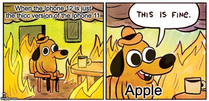 Iphone 12 be like | When the Iphone 12 is just the thicc version of the Iphone 11; Apple; THIS IS TOTALLY FINE | image tagged in memes,this is fine,apple,apple inc,thicc,technology | made w/ Imgflip meme maker