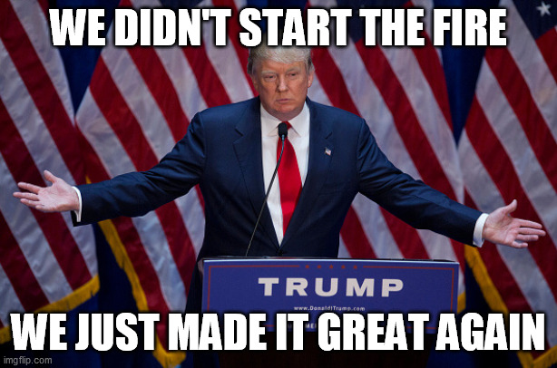 Donald Trump | WE DIDN'T START THE FIRE; WE JUST MADE IT GREAT AGAIN | image tagged in donald trump,memes | made w/ Imgflip meme maker
