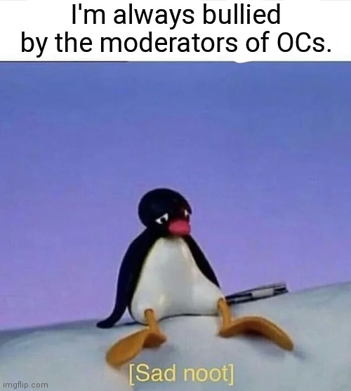 This is because they're not forgiving me when I say that I am sorry for being so toxic. | I'm always bullied by the moderators of OCs. | image tagged in sad noot | made w/ Imgflip meme maker