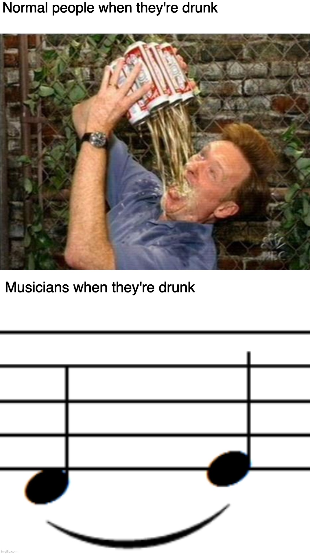 drunk musicians | Normal people when they're drunk; Musicians when they're drunk | image tagged in drunk,music,notes,funny memes | made w/ Imgflip meme maker
