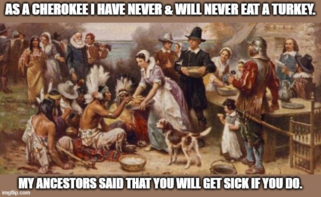 Happy Covid spreading! | AS A CHEROKEE I HAVE NEVER & WILL NEVER EAT A TURKEY. MY ANCESTORS SAID THAT YOU WILL GET SICK IF YOU DO. | image tagged in thanksgiving | made w/ Imgflip meme maker