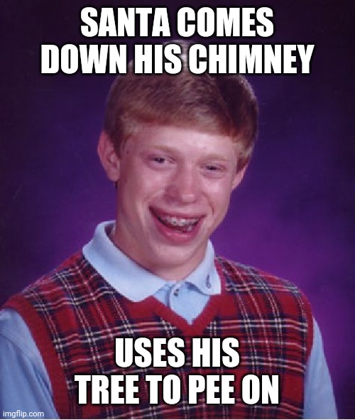 So in a sense he left a present? | SANTA COMES DOWN HIS CHIMNEY; USES HIS TREE TO PEE ON | image tagged in memes,bad luck brian,christmas,santa claus,peeing | made w/ Imgflip meme maker