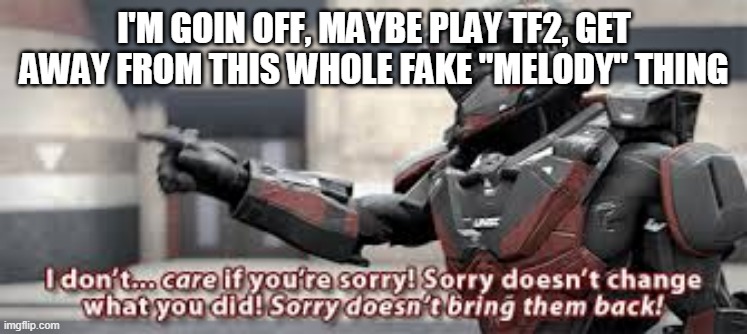 sorry doesn't change what you did | I'M GOIN OFF, MAYBE PLAY TF2, GET AWAY FROM THIS WHOLE FAKE "MELODY" THING | image tagged in sorry doesn't change what you did | made w/ Imgflip meme maker