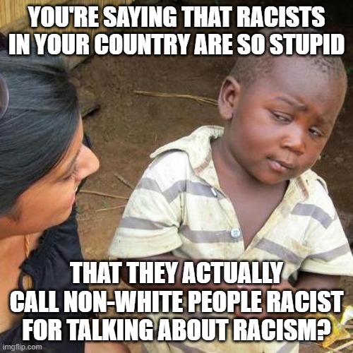 What hypocrisy | YOU'RE SAYING THAT RACISTS IN YOUR COUNTRY ARE SO STUPID; THAT THEY ACTUALLY CALL NON-WHITE PEOPLE RACIST FOR TALKING ABOUT RACISM? | image tagged in memes,third world skeptical kid | made w/ Imgflip meme maker