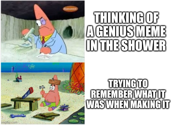 The definition of me making memes | THINKING OF A GENIUS MEME IN THE SHOWER; TRYING TO REMEMBER WHAT IT WAS WHEN MAKING IT | image tagged in patrick smart dumb,forgetting,relatable,memes,making memes,shower thoughts | made w/ Imgflip meme maker