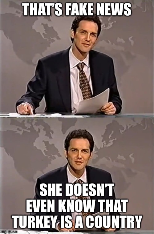 WEEKEND UPDATE WITH NORM | THAT’S FAKE NEWS SHE DOESN’T EVEN KNOW THAT TURKEY IS A COUNTRY | image tagged in weekend update with norm | made w/ Imgflip meme maker