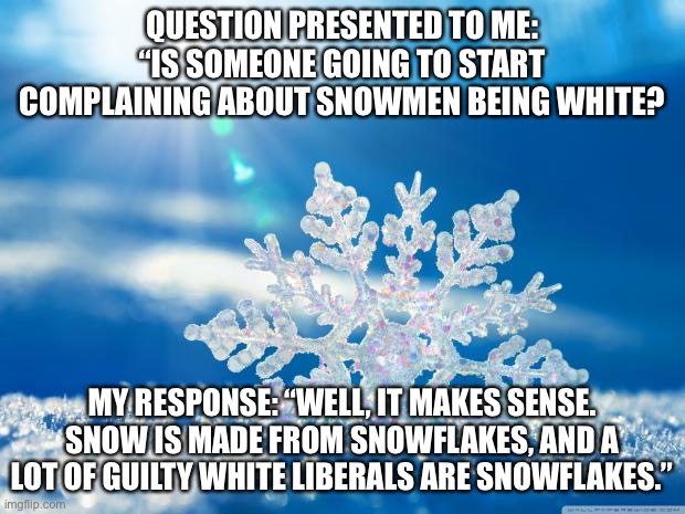 Are snowmen racist, or are liberals just snowflakes? | QUESTION PRESENTED TO ME: “IS SOMEONE GOING TO START COMPLAINING ABOUT SNOWMEN BEING WHITE? MY RESPONSE: “WELL, IT MAKES SENSE. SNOW IS MADE FROM SNOWFLAKES, AND A LOT OF GUILTY WHITE LIBERALS ARE SNOWFLAKES.” | image tagged in snowflake,memes,liberal logic,white,snowman,race | made w/ Imgflip meme maker