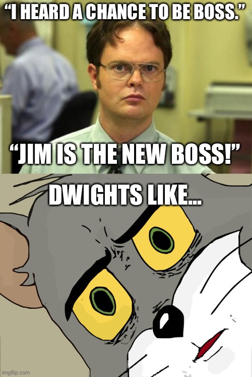 “I HEARD A CHANCE TO BE BOSS.”; “JIM IS THE NEW BOSS!”; DWIGHTS LIKE... | image tagged in memes,dwight schrute,unsettled tom | made w/ Imgflip meme maker